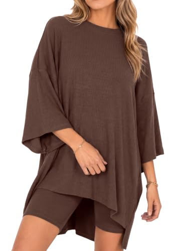Fisoew Womens 2 Piece Lounge Set Ribbed Oversized T-Shirt Biker Shorts - color: Brown, size: Small