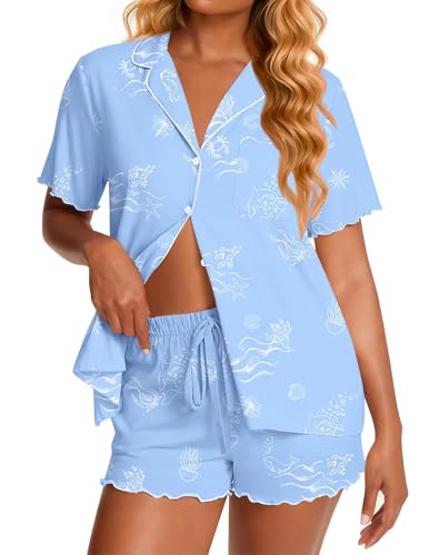 Ekouaer Womens Pajama Sets Bamboo Viscose Button Up Pjs 2 Piece Lounge Set - color: Ocean Blue, size: X-Large