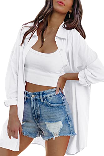 FSHAOES Womens Oversized Button Down Shirts Casual Loose Long Sleeve Solid Lapel Long Blouses Tops with Pockets - color: 01-white, size: Small