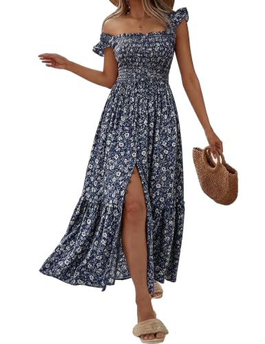 Women Summer Casual Midi Dress Square Neck Button Down Smocked Ruffle Strap Flowy Split Beach Sundress Pockets - color: Blue Floral, size: Small