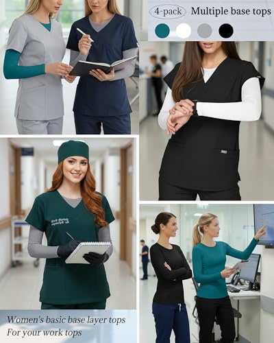4 Pack Womens Crew Neck Long Sleeve Underscrub Shirts - color: Black, Light Gray, White, Turquoise, size: X-Large