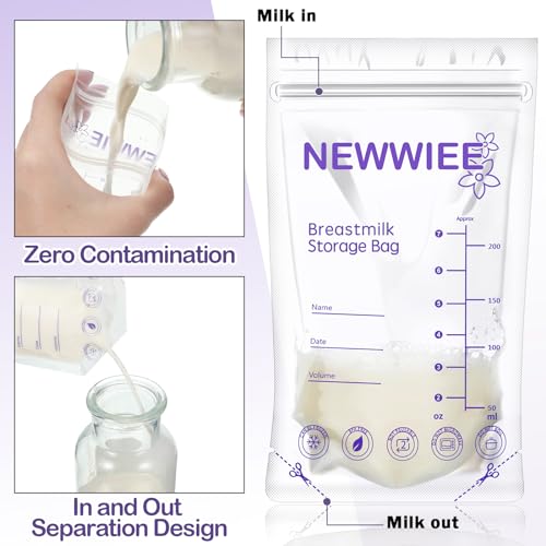 Newwiee 400 Count Breastmilk Storage Bags 7oz Self Standing Freezer, Purple
