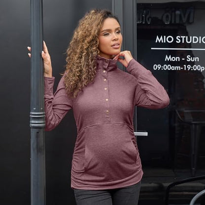 Bhome Maternity Shirt Casual Long Sleeve Half Button Front Lightweight Sweatshirts Slim Fit Pullover Tops with Pockets - color: Burgundy, size: X-Large