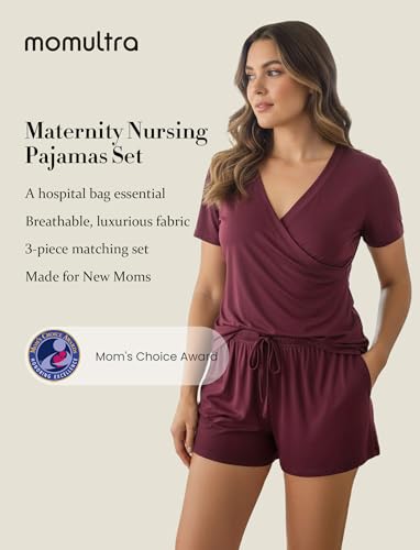 PATPAT 3-Piece Maternity Nursing Pajamas, Womens Lounge Set with Pockets - color: Burgundy, size: Large