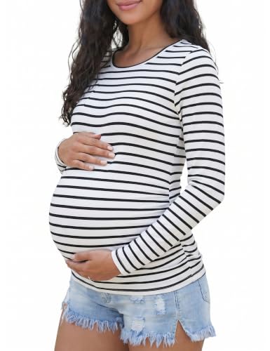 Happy.angel Women's Maternity Long Sleeve Shirts,Side Ruched Pregnancy Tops - color: White Black, size: Small