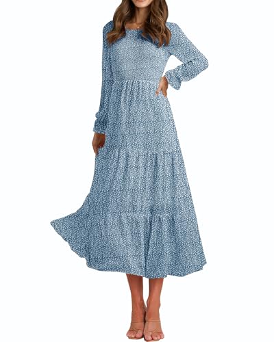 CzzzyL Women's Nursing Dress Smocked Bodice Ruched Midi with Pockets - color: Floralblue, size: Small
