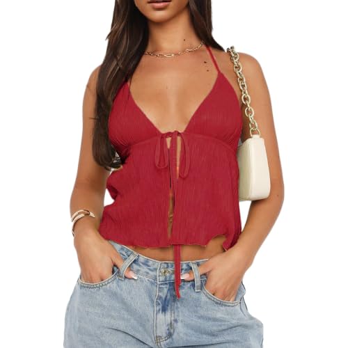 Women Front Tie Top Y2k Halter Neck Flowy Summer Going Out Tank Top Streetwear - color: A Red, size: Medium
