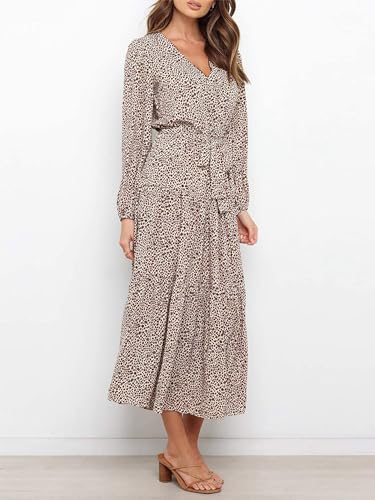 PRETTYGARDEN Womens Long Sleeve Boho Floral Wrap Maxi Dress - color: Apricot, size: Small