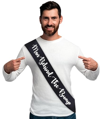"Man Behind The Bump" Funny Baby Shower Sash for Daddy to Be, Baby Shower Party Decorations Gifts Supplies Dad to Be Baby Gender Reveal Ideas New Father Favors (Black and White) - color: Black and White