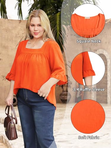Bulotus Womens Plus Size Tops Square Neck Blouse Boho Top Chiffon 3/4 Sleeve Ruffle Shirt Cute Tunic 2026 Spring Summer - color: Orange, size: X-Large Plus