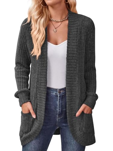 DB MOON Womens Long Cardigan Sweater Lightweight Open Front Long Sleeve Outfits with Pockets - color: Dark Gray 01, size: XX-Large