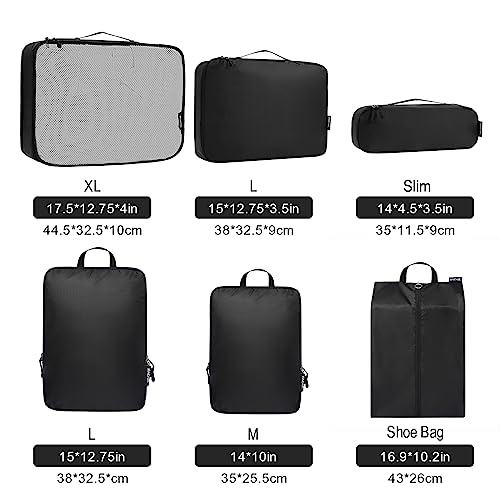 Bagail Ultralight Compression Cubes 7 Set - 3 Packing Cubes, 3 Organizers, and 1 Shoe Bag - color: The Black, style: Cloth Pattern