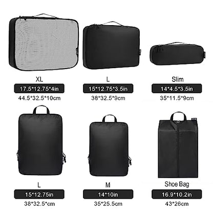 Bagail Ultralight Compression Cubes 7 Set - 3 Packing Cubes, 3 Organizers, and 1 Shoe Bag - color: The Black, style: Cloth Pattern