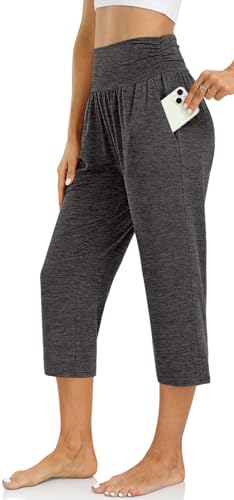 UEU Women's Yoga Capri Pants Loose Soft Drawstring Workout Sweatpants - color: Capris, Grey Heather, size: Small