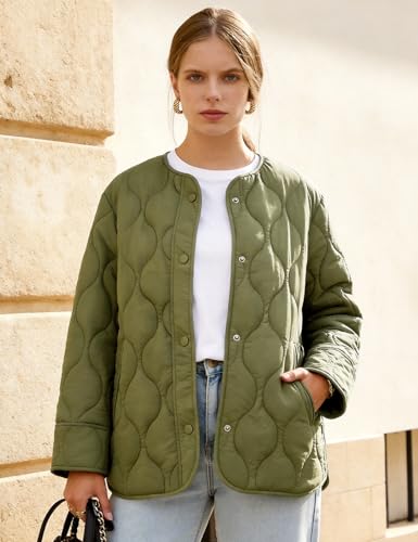 Flygo Womens Quilted Lightweight Jackets Oversized Puffer Coat with Pockets - color: Green, size: Small
