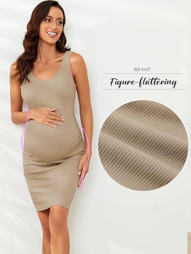 Ecavus Maternity Tank Dress, Maternity Bodycon Dress with Side Ruching - color: Oatmeal, size: Medium