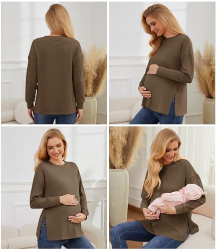 Womens 3 Packs Maternity Shirts Long Sleeve Side Ruched Pregnancy Tee Workout Top Tunic Blouse Mama Clothes - color: Black/White/Brown, size: Medium