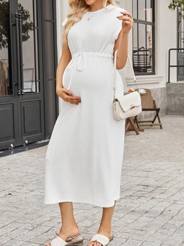 OYOANGLE Women's Maternity Summer Casual Short Sleeve Long Midi Dress - color: Khaki, size: X-Large