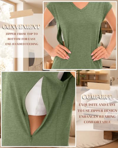 3 Pack Womens Nursing Tops V Neck - color: Army Green, Gray, Black, size: Large