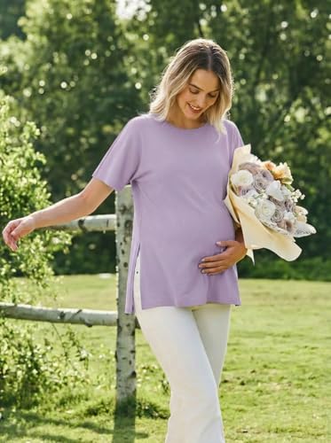 Ekouaer 4 Pack Maternity Shirts Short Sleeve Pregnancy Casual Tunic Tops - color: Black/Khaki/Light Purple/White, size: Medium