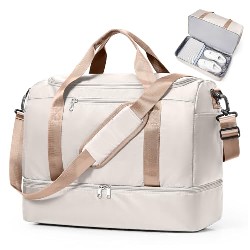 Travel Duffel Bag,Carry-On Overnight Weekender Bags with Shoes Compartment - color: Beige & Brown, size: Small
