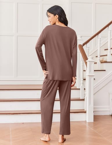 Ekouaer Lounge Sets for Women Long Sleeve Pajamas Fall Loungewear - color: Brown, size: Medium