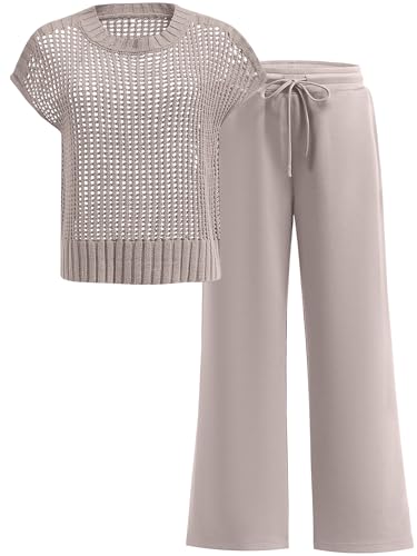 ANRABESS Women Two Piece Outfits Crochet Lounge Matching Travel Sets - color: Light Khaki, size: Large