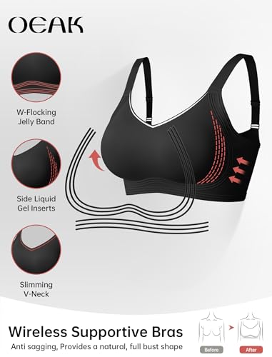 OEAK Women Jelly Bra Wireless Anti Sagging Full Coverage Bras - color: Black, size: X-Large