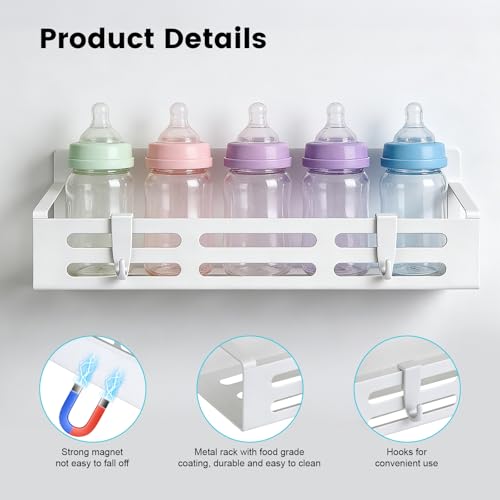 4 Pack Magnetic Baby Bottle Organizer for Refrigerator, Bottle Organizer Rack with 8 Hooks, Storage for Baby Bottles, Pacifiers, and Brushes, Also Suitable Stanley Cup Storage