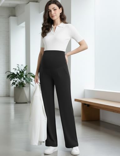 Maternity Pants Work Wide Leg Business Trousers - color: Black, size: XX-Large