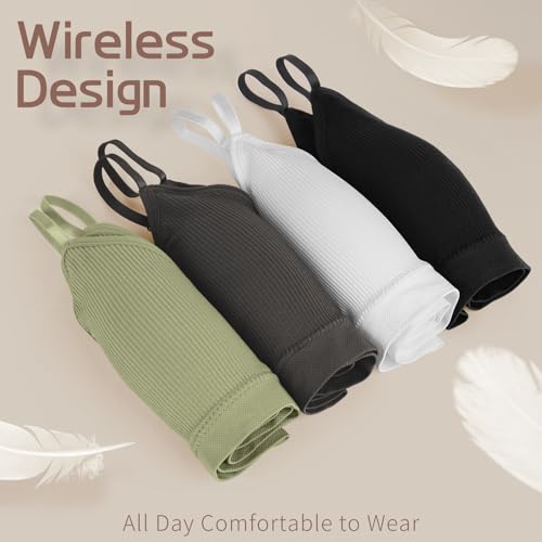 KCDDUMK 4 Pack Cami Bralettes for Women, Spaghetti Strap Sleep Bras - color: Black, White, Olive, Dark-grey, size: Large