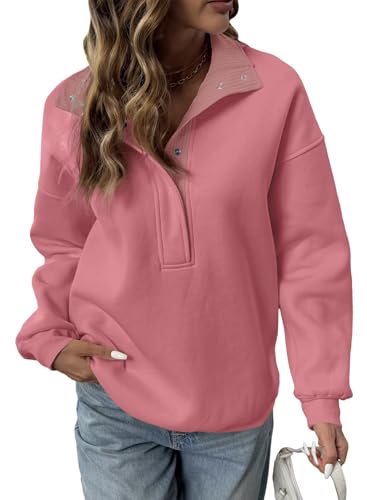 BLENCOT Women Mock Neck Sweatshirt Oversized Long Sleeve Henley Shirts - color: Peach Blossom, size: Large