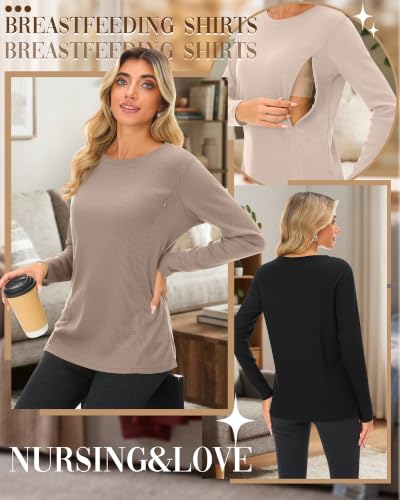 Neer 3 Pack Women's Nursing Hidden Zipper Long Sleeve Shirts - color: Khaki, Cream, Army Green, size: Large