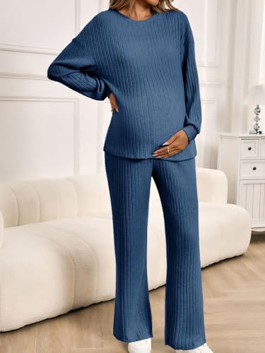 Yousify Womens Maternity Pajamas Sets 2 Piece Outfits Ribbed Knit Lounge Set - color: Navy, size: Medium