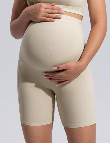 POSHDIVAH Creamluxe Maternity Biker Shorts with Pockets 6"/8" - color: Light Apricot, size: Medium