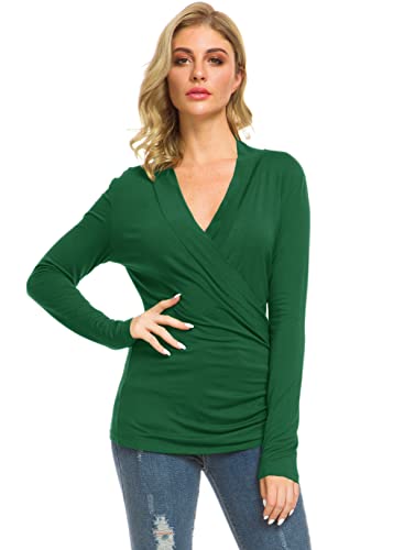 Afibi Womens Slim Fitted Deep V Neck Cross Wrap Top Long Sleeve T-Shirts - color: Dark Green, size: XX-Large