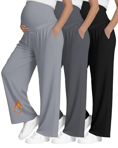 3 Pack Fleece Lined Maternity Sweatpants Lounge Pants - color: Black, Gray, Light Gray, size: Medium