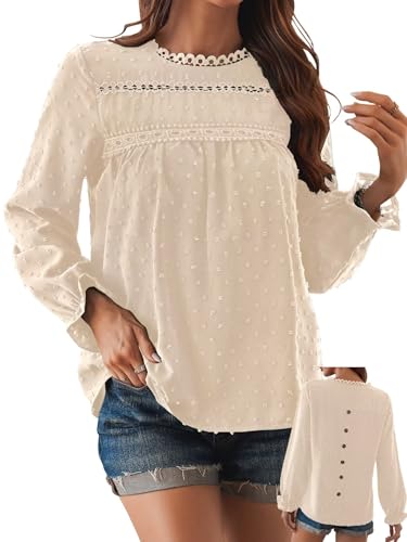 Falechay Boho Tops for Women Ruffle Long Sleeve Crewneck Swiss Dot Shirts - color: Apricot, size: Large