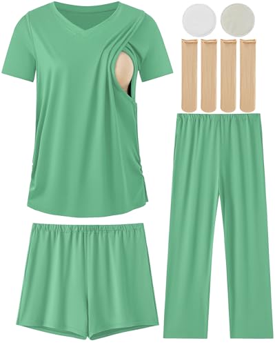 DANSHOW Maternity Nursing Pajama Set Postpartum Lounge PJS - color: Grass Green, size: XX-Large