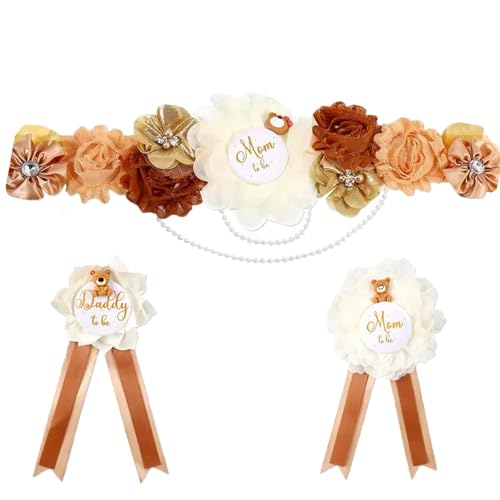 Maternity Sash and Corsage Set Mom to Be Daddy to Be Theme Baby Shower Decorations,Pregnancy Photo Props Supplies, gift for New Mommy and Daddy - color: Brown-mom