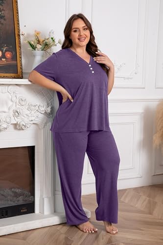 Vozanet Women's Plus Size Pajama Sets V Neck Pants Sets Solid Color Button Sleepwear Soft Loungewear Nighty with Pockets - color: Bright Purple, size: 3X-Large