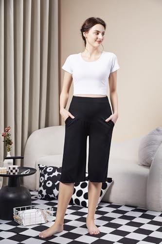 Maternity Lounge Capri Pants, Maternity Cropped Capri Pregnancy, Light Relaxed Soft Touch Trousers with Pockets - color: Black, size: X-Large
