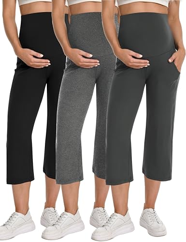 Foucome Maternity Capris Wide Leg Cropped Yoga Pants - color: Black/Grey/Melange Grey, size: Large