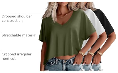 Huukeay 3 Pack Women's Oversized V Neck T Shirts - color: Army Green, White, Black, size: Small