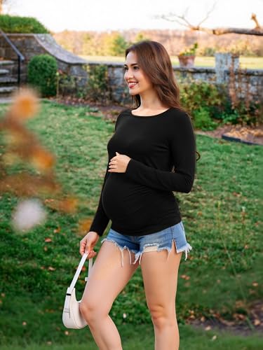 Maternity Shirts Long Sleeve Crew Neck Pregnancy Top for Women - color: Black+white, size: X-Large
