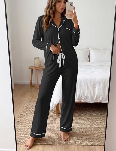 ZMJ Womens Pajama Sets 2 Piece Long Sleeve Button Down Sleepwear with Pants - color: Black, size: Medium