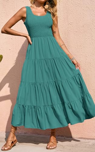 PRETTYGARDEN Women's Smocked Tank Casual Plain Maxi Sundress with Pockets - color: Bean Green, size: Medium