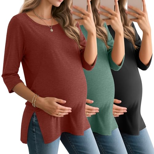 3 Pack Women's 3/4 Sleeve Maternity Loose Crewneck Tops - color: Brick Red, Emerald Green, Black, size: Small
