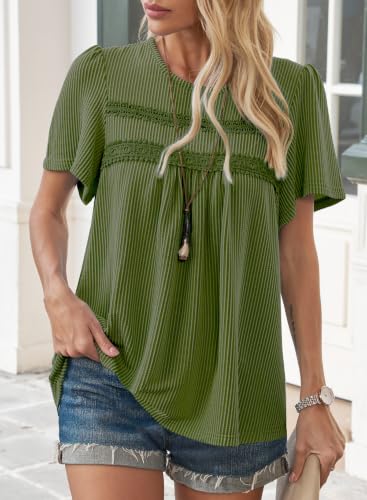 Falechay Womens Tops Boho Ribbed Flowy Stretchy Crochet Short Sleeve Shirts - color: Green, size: Small