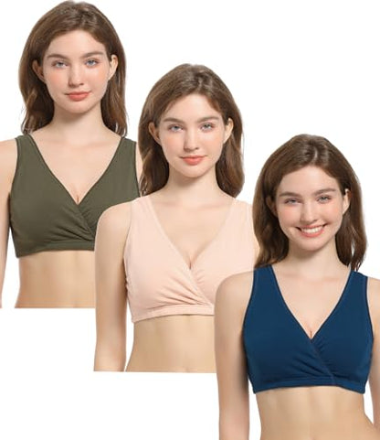 CAKYE 3 Pack Maternity Nursing Sleep Bra Breastfeeding Cotton Bralette - color: Nude/Army Green/Atrovirens, size: Small